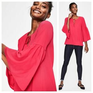 Boden Boho Flare Sleeve Tie Front Top Size 10 Coral Pink Hippie Flowy Peasant